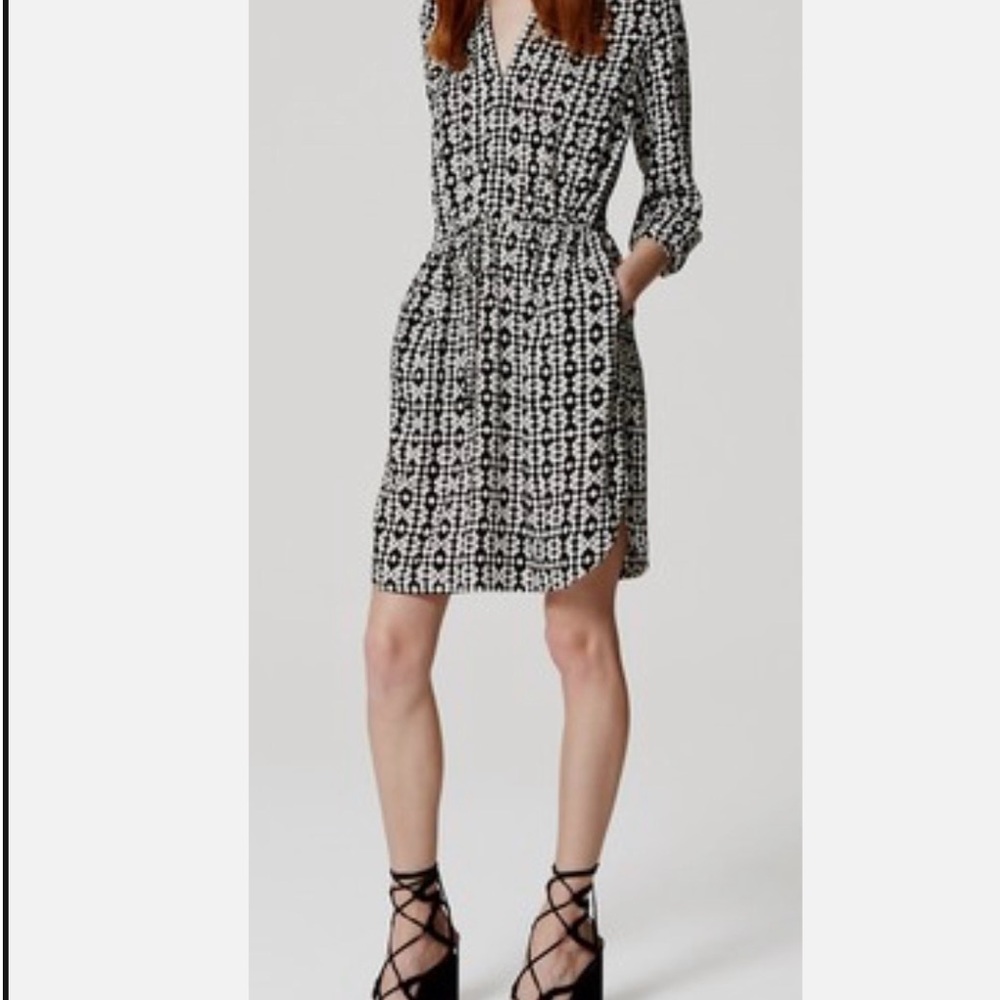 LOFT Black and White Printed Midi Shirt Dress with Waist Tie
